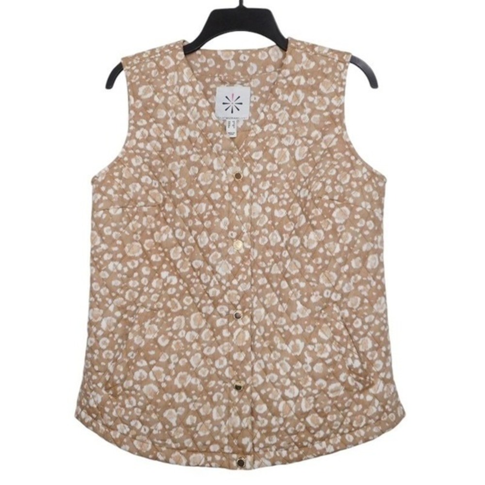 Isaac Mizrahi Live Womens Quilted Vest XS Beige White Print Snaps Pockets Casual
